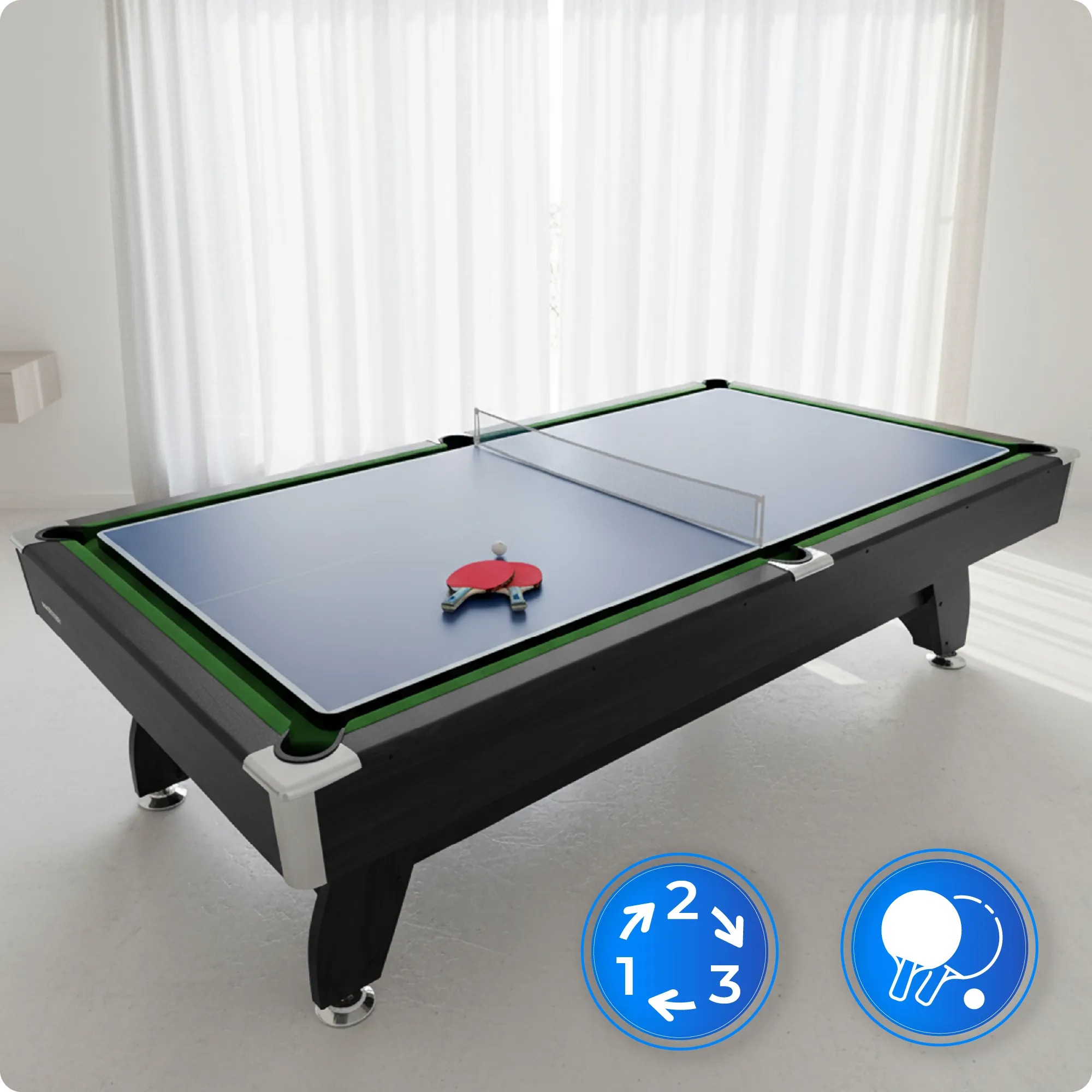 Biliardo stalo BOLD-BLACK-9FT-HOCEKY-PING komplektacija