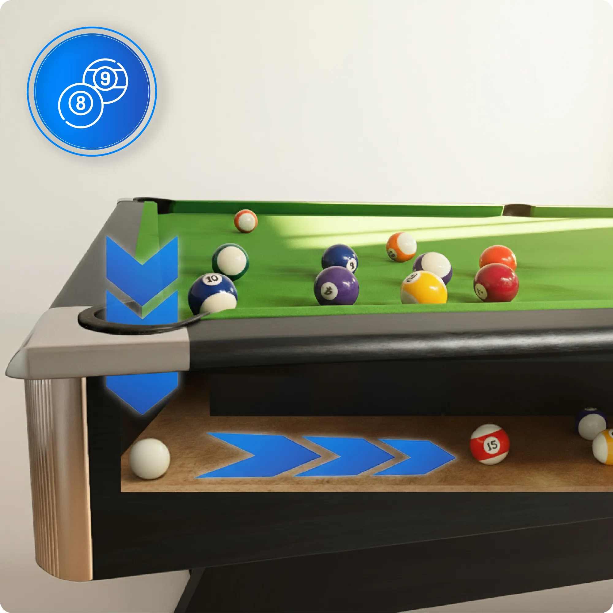 Biliardo stalo BOLD-BLACK-9FT-HOCEKY-PING kamuoliukų ritimo sistema