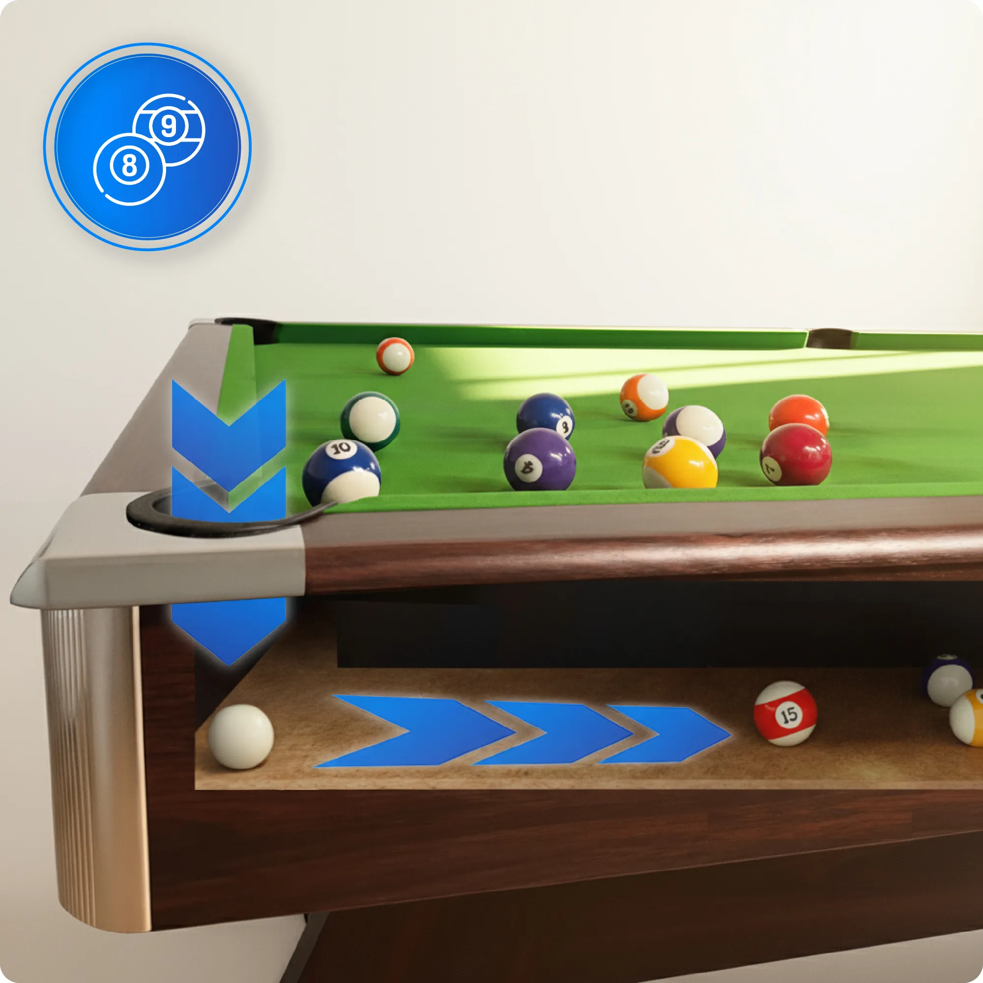 Biliardo stalo BOLD-BROWN-8FT-HOCEKY-PING kamuoliukų ritimo sistema