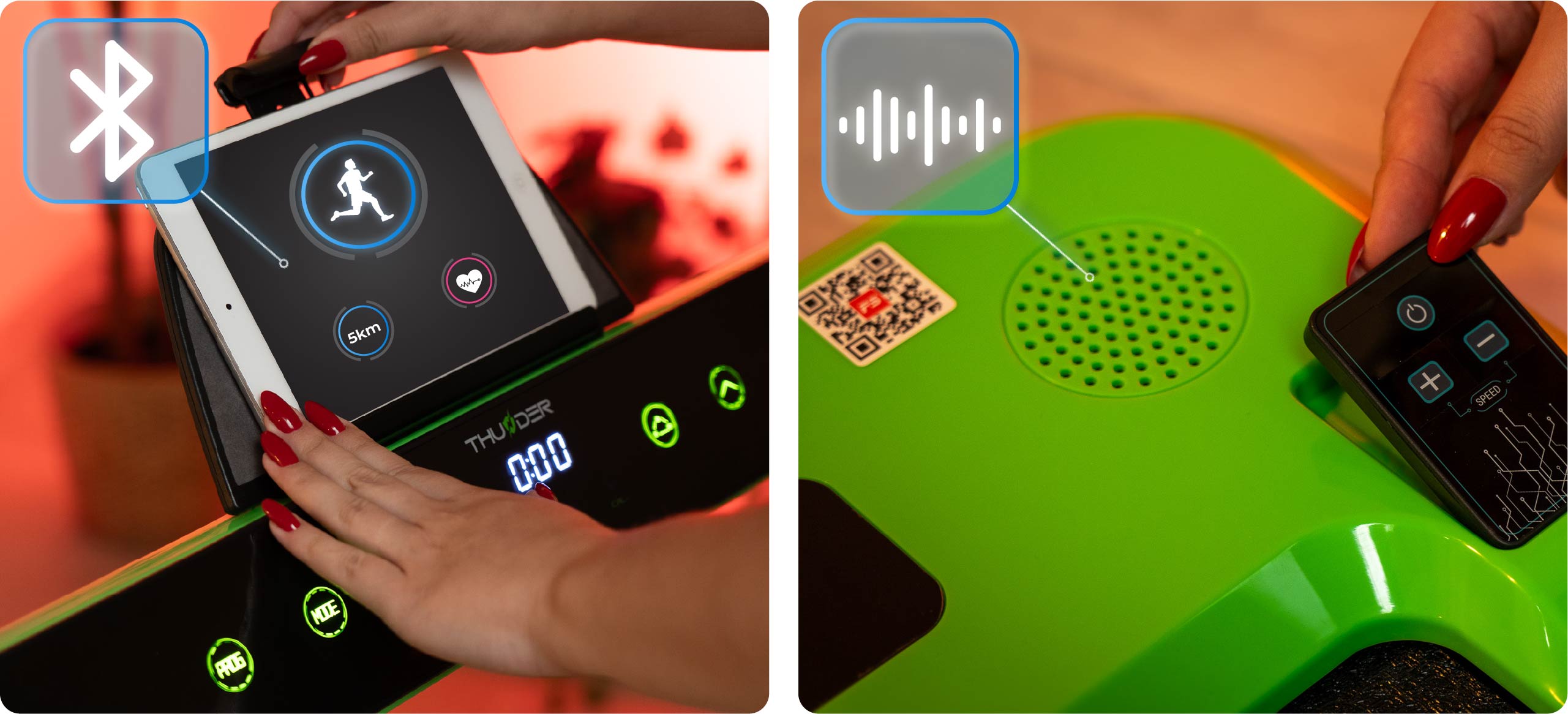 Panel sterowania bieżni Thunder RACE z widocznym tabletem i aplikacją FitShow